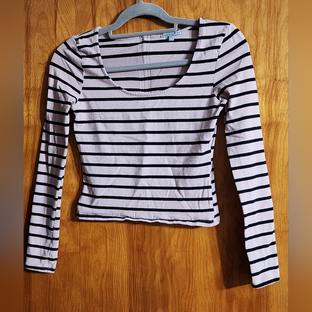 Charlotte Russe Black and Light Pink Striped Long Sleeve Top Size Small